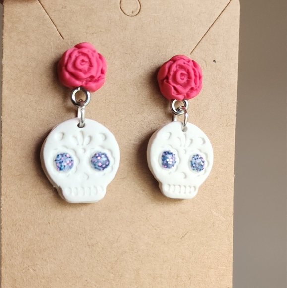 Skull Flower Clay Post Dangle Earrings - Picture 2 of 4